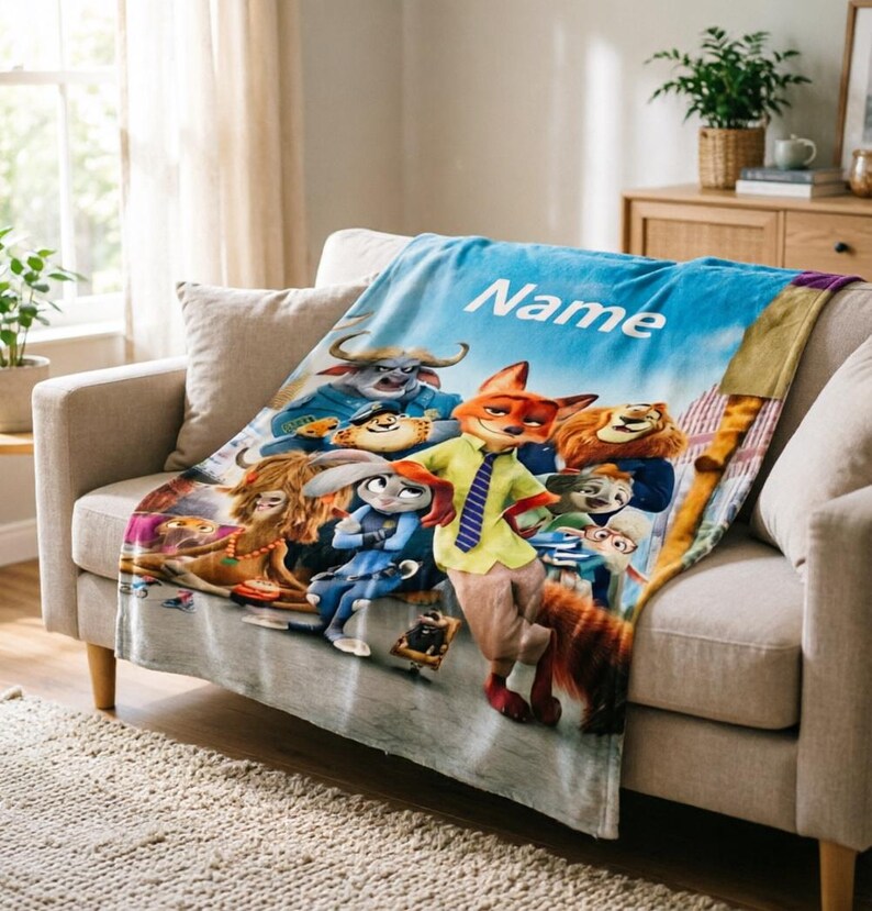 May include: A plush blanket featuring characters from the animated movie Zootopia. The blanket has a blue sky background with the word "Name" printed on it. The blanket is draped over a beige sofa.