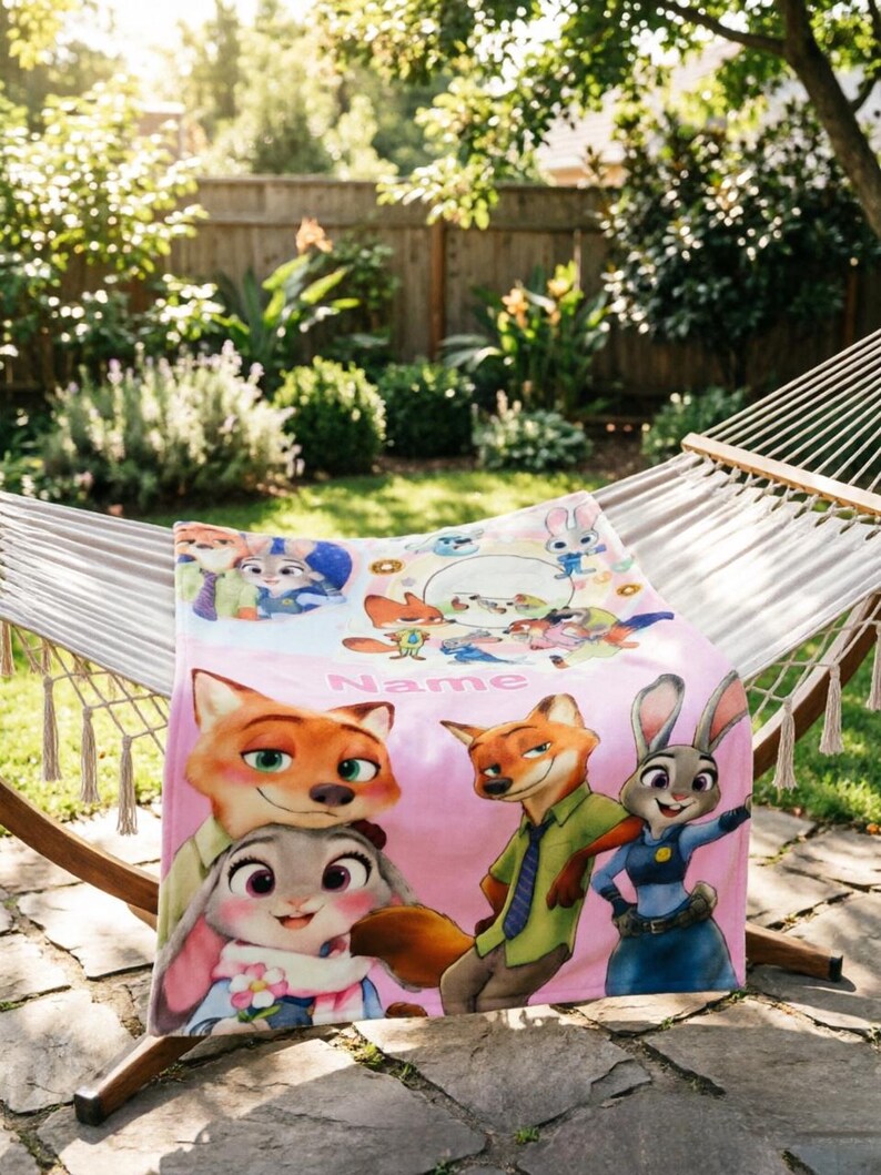 May include: A soft pink fleece blanket featuring a colorful graphic print of characters from Zootopia, including Nick Wilde and Judy Hopps. The design includes multiple scenes of the characters and the word Name printed in a light pink font.