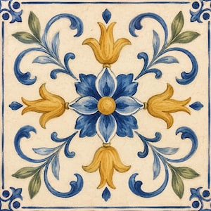 May include: Square tile with a floral design. The tile features a central blue flower with a yellow center, surrounded by yellow tulip-like shapes and blue, leafy vines. The background is a cream color, and the border is blue.