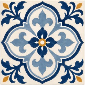 May include: A square ceramic tile featuring a symmetrical floral pattern in shades of dark blue, light blue, and mustard yellow on an off-white background. The design centers on a four-petaled flower with a yellow core, surrounded by scrolling leaves.