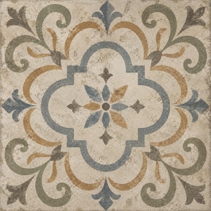 May include: A square ceramic tile featuring a beige base with a weathered texture. The surface displays a symmetrical pattern of blue and ochre scrolls, floral motifs, and a central star-shaped element with alternating blue and ochre petals.