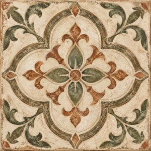 May include: A square ceramic tile featuring a symmetrical, ornate pattern in shades of cream, sage green, and terracotta. The design includes a central four-pointed floral motif surrounded by curved, leafy scrollwork and geometric borders.