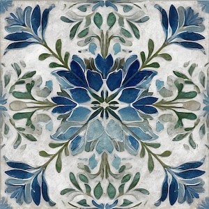 May include: Square tile with a watercolor floral design. The pattern features symmetrical blue flowers and green leaves on a light gray background. The design has a vintage, artistic aesthetic.