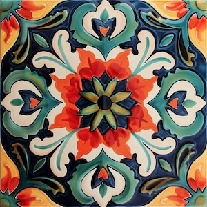 May include: Square ceramic tile with a vibrant floral design. The tile features a central orange flower with a dark blue center, surrounded by teal, white, and dark blue decorative elements. The corners have yellow and orange accents.