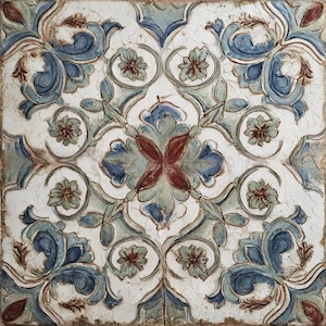 May include: Square tile with a detailed floral pattern in shades of blue, green, and red on a white background. The design features stylized flowers and swirling leaves, with a distressed, aged appearance.