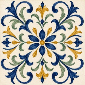 May include: Square ceramic tile with a symmetrical floral design. The pattern features a central blue flower with yellow accents, surrounded by blue, green, and yellow stylized leaves and flourishes against a cream background. The tile has a slightly aged appearance.