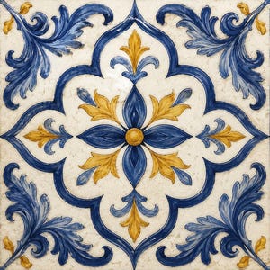 May include: Square ceramic tile with a repeating floral pattern in shades of blue and gold on a cream background. The design features stylized leaves and a central flower motif, creating a decorative and elegant look.