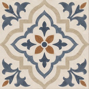 May include: Square tile with a cream background and a symmetrical floral design. The design features blue, brown, and tan elements. The central motif is a brown flower with blue accents, surrounded by blue and tan stylized leaves and shapes. The tile has a vintage, decorative aesthetic.