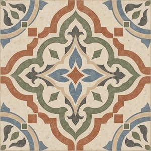 May include: A square ceramic tile featuring a symmetrical pattern with a cream-colored background. The design includes interlocking curved lines and floral-inspired shapes in shades of terracotta orange, sage green, slate blue, and dark charcoal gray.