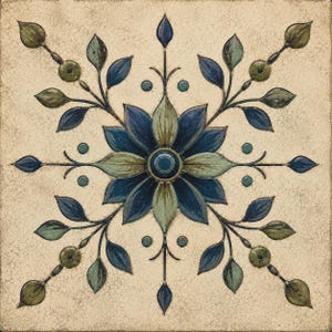 May include: A square decorative tile featuring a symmetrical floral motif in shades of deep blue, sage green, and olive. The central flower is surrounded by radiating leafy stems and small circular accents against a cream-colored crackled background.