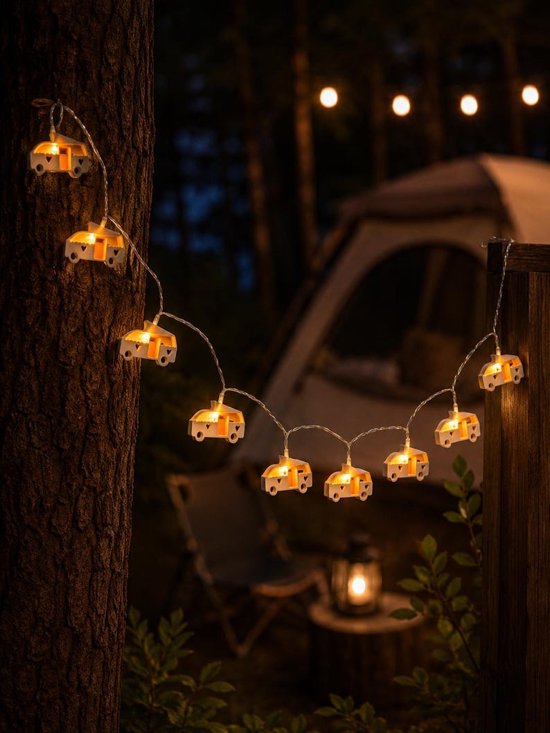 Eine Lichterkette mit kleinen, weißen, Van/Kastenwagen-Motiven. Jeder Van hat ein herzförmiges Ausschnittdetail und strahlt ein warmweißes Licht aus. Die Lichter sind durch einen dünnen, flexiblen Draht verbunden.