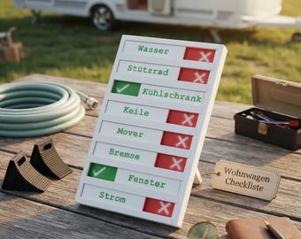 May include: A white rectangular checklist board with sliding indicators showing green checkmarks or red X symbols next to German text labels including Wasser, Stützrad, Kühlschrank, Keile, Mover, Bremse, Fenster, and Strom, with a wooden tag labeled Wohnwagen Checkliste.
