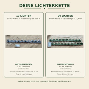 Eine Lichterkette mit Van/Kastenwagen-Motiven, erhältlich in zwei Ausführungen: 10 Lichter mit 1,50 m Länge oder 20 Lichter mit 2,40 m Länge. Die batteriebetriebenen Sets verfügen über eine Timer-Funktion und benötigen 2 bzw. 3 AA-Batterien.