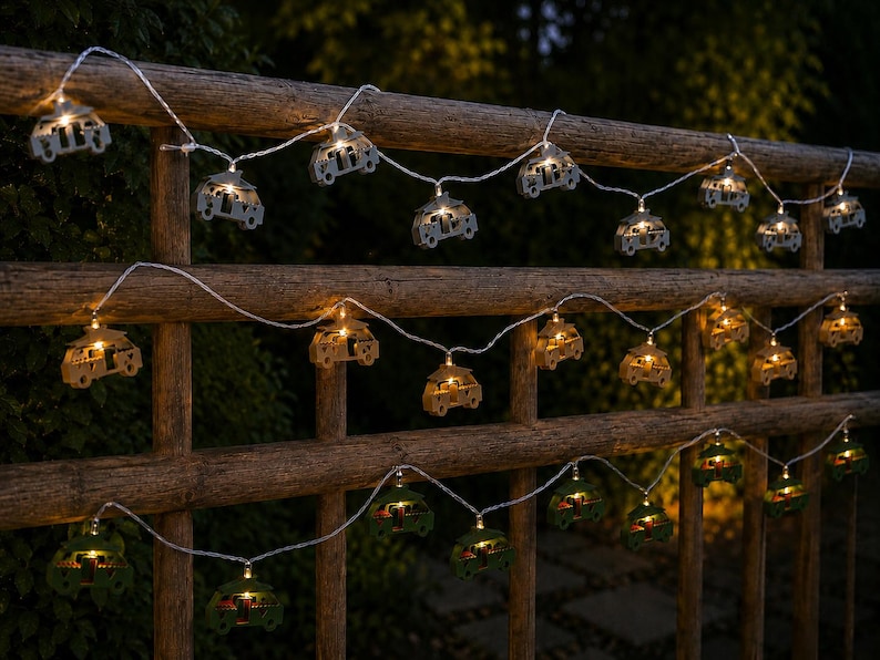 Eine dekorative LED-Lichterkette mit kleinen Van/Kastenwagen-Silhouetten. Die Lichter sind in drei horizontalen Reihen angeordnet und zeigen Van/Kastenwagen in Grau, Beige und Olivgrün, die jeweils von einem warmweißen Licht beleuchtet werden.