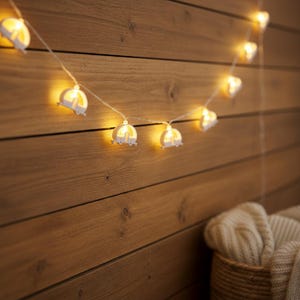 Op de afbeelding: Een slinger van warmwitte LED-lampjes in de vorm van kleine kampeeraanhangers. De lampjes zijn geregen aan een dunne, transparante draad en bevestigd aan een houten wand. De lampjes zijn verlicht, wat een gezellige en uitnodigende sfeer creëert.