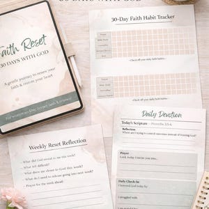 May include: An image of a faith-based journal and planner with the title "Faith Reset 30 Days With God." The image includes a tablet, a cup of coffee, and several pages with prompts for reflection and daily habits. A pen and a notepad are also visible.