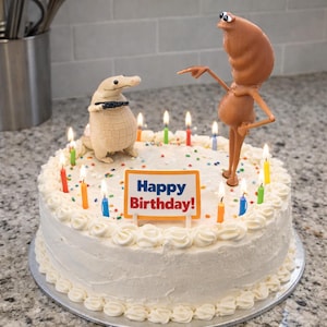 Puede incluir: Una tarta de cumpleaños glaseada blanca con velas y chispas de colores. La tarta está decorada con dos figuras caprichosas y un letrero que dice "Happy Birthday!"