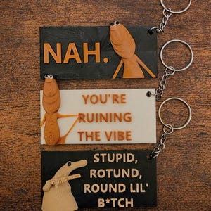 May include: Three keychains with humorous phrases and cartoon characters. The top keychain reads "NAH." The middle keychain says "YOU'RE RUINING THE VIBE." The bottom keychain reads "STUPID, ROTUND, ROUND LIL' B*TCH."