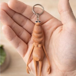 May include: A brown keychain featuring a whimsical, humanoid figure with a bulbous body, long arms, and small legs. The figure has a textured surface, small eyes, and a silver keyring. The keychain is held in a person's hand.