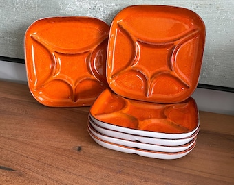 Vintage orange fondue plates by Estriceram - set of 6 - Set of 6 by Estriceram, Quebec, Canada - Ceramic