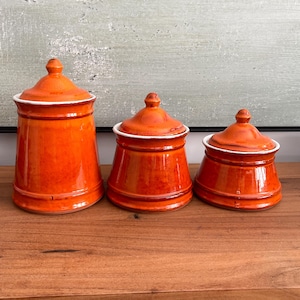 3 pots de rangement en céramique vintage Beauceware Genin Trudeau Garnier orange - Vintage Beauceware 3 ceramic storage jars orange