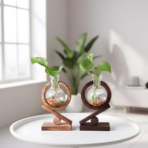 Peut inclure: Deux vases décoratifs en verre avec des supports en bois. Chaque vase contient une plante verte et des galets colorés. Les vases sont soutenus par un cadre et une base en bois, créant une esthétique moderne et équilibrée. Un vase a une finition en bois clair, l'autre est foncé.