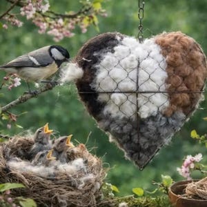 Rustic Alpaca Fiber Bird Nesting Material Holder Heart Refillable Hanging Wildlife
