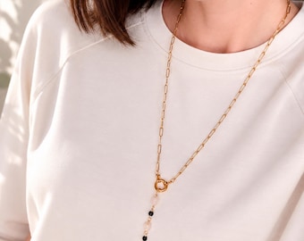 Sun Lariat Necklace, Yellow Quartz Garnet Sautoir, Stainless Steel Long Pendant Necklace