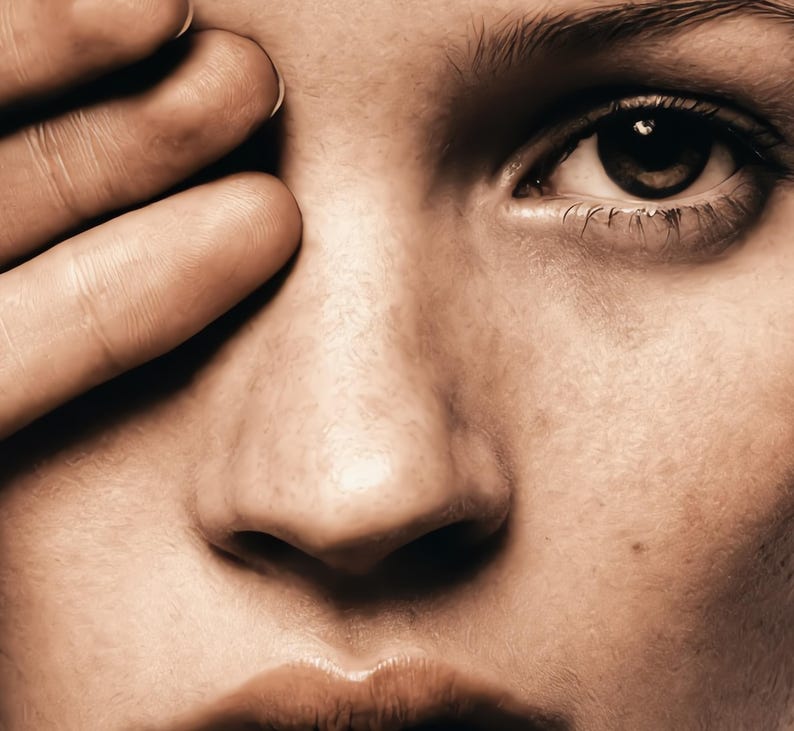 May include: Close-up of a person's face, with a hand partially covering the eye. The skin tone is light brown, and the eye is dark brown. The image is well-lit, highlighting the textures of the skin and the details of the face.