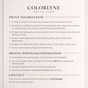 May include: A cream-colored paper with the text "COLORLYNE WALL ART STUDIO" at the top. Below, the text details print and digital download information, including paper type, size options, and contact details.