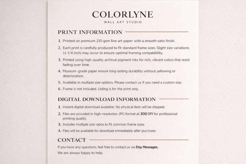 May include: A cream-colored paper with the text "COLORLYNE WALL ART STUDIO" at the top. Below, the text details print and digital download information, including paper type, size options, and contact details.