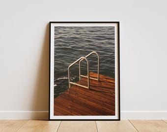 Lámina con diseño de escalera de natación, póster minimalista de verano con vista al mar, lámina vintage, láminas fotográficas, arte mural único con calidad de museo.