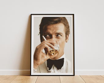 Roger Moore fototryck, James Bond-affisch, fotokonsttryck, väggdekoration i badrum, minimalistisk affisch, vintagetryck, väggdekoration i kök