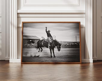 Lámina de vaquero de rodeo, impresiones fotográficas, blanco y negro, arte mural vintage, póster de rodeo, arte mural de calidad de museo, impresión artística fotográfica