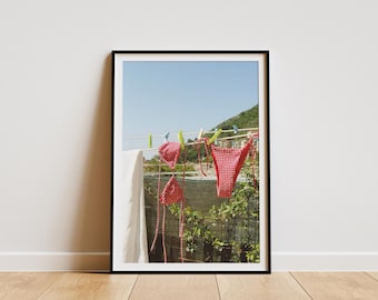 Estampado de bikini rojo y blanco, póster veraniego costero, lámina vintage, láminas fotográficas, impresión fotográfica de calidad de museo