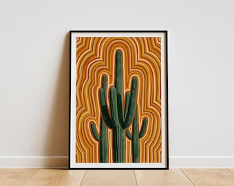 Estampado retro de cactus al atardecer, arte de olas del desierto de los años 70, decoración de pared cálida de estilo bohemio, estampado vintage, decoración del hogar, lámina artística de calidad de museo, arte de pared retro