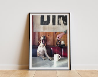Lámina con perro tomando café por la mañana, arte mural de café de filtro, lámina vintage, láminas fotográficas, lámina de arte fotográfico de calidad de museo, decoración mural de verano