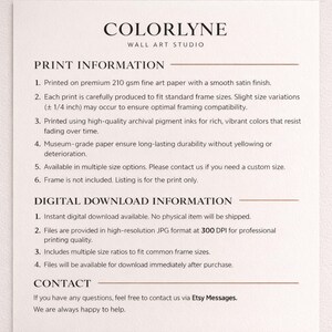 May include: A cream-colored paper with the text "COLORLYNE WALL ART STUDIO" at the top. The text below details print and digital download information, including paper type, size options, and contact details.