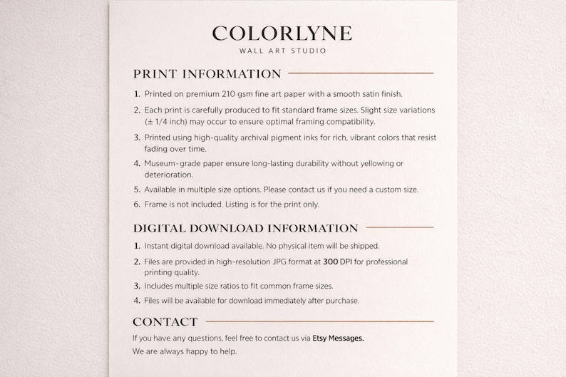 May include: A cream-colored paper with the text "COLORLYNE WALL ART STUDIO" at the top. The text below details print and digital download information, including paper type, size options, and contact details.