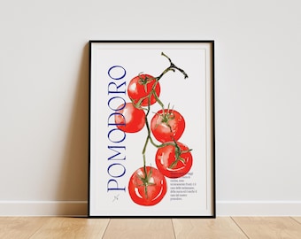Plakat z motywem pomidora Pomodoro, włoski plakat kuchenny, dekoracja ścienna z akwarelową ilustracją jedzenia, sztuka ścienna do kuchni