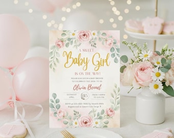 Edytowalne zaproszenie na baby shower dla dziewczynki z motywem kwiatowym i akwarelą, szablon Canva, elegancki