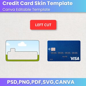 Może przedstawiać: Szablon sk&oacute;rki karty kredytowej z tekstem "Credit Card Skin Template" i "Canva Editable Template". Obraz zawiera niebieski projekt karty kredytowej, kontur szablonu i czerwony prostokąt z napisem "LEFT CUT".