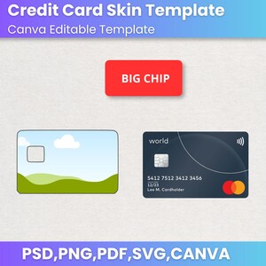 Może przedstawiać: Szablon sk&oacute;rki karty kredytowej z tekstem "Credit Card Skin Template" i "Canva Editable Template". Obrazek przedstawia czerwony prostokąt z napisem "BIG CHIP" oraz dwa projekty kart kredytowych. Jedna karta ma krajobraz, druga jest granatowa.