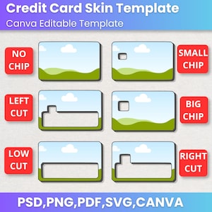 Może przedstawiać: Szablon sk&oacute;rek kart kredytowych, zawierający r&oacute;żne projekty z r&oacute;żnymi opcjami chip&oacute;w i cięć. Obraz zawiera tekst "Credit Card Skin Template" i "Canva Editable Template". Na dole obrazu wyświetlane są opcje formatu plik&oacute;w: PSD, PNG, PDF, SVG i CANVA.