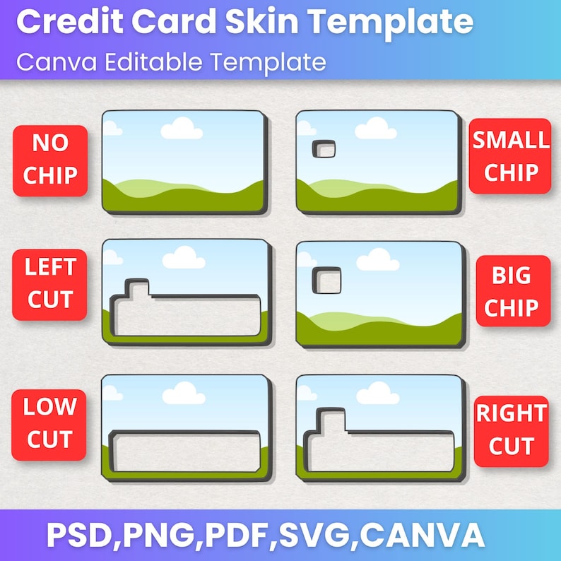Może przedstawiać: Szablon sk&oacute;rek kart kredytowych, zawierający r&oacute;żne projekty z r&oacute;żnymi opcjami chip&oacute;w i cięć. Obraz zawiera tekst "Credit Card Skin Template" i "Canva Editable Template". Na dole obrazu wyświetlane są opcje formatu plik&oacute;w: PSD, PNG, PDF, SVG i CANVA.