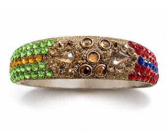 Vintage Rainbow Rhinestone Cuff Bracelet | Maximalist Statement Bangle | Art Deco Revival Jewelry | Y2K Runway Glam | Colorful Crystal Brace
