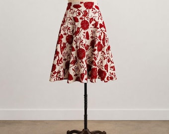 Vintage Y2K GAP Linen Floral Midi Skirt Red Ivory Botanical Cottagecore Size 8