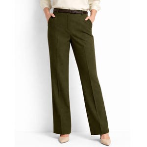 May include: Olive green corduroy pants with a brown belt. The pants have a classic, straight-leg design with front pockets. The model is wearing a cream-colored blouse and beige heels.