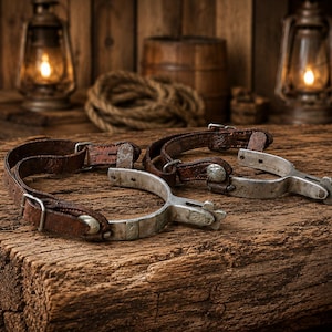 Vintage Engraved Crockett Aluminum Spurs 1940s Patterned Cowboy Western Riding Spurs Original Leather Straps Collectible Boot Tack