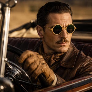 May include: A man wearing round, gold-rimmed sunglasses with dark lenses, driving a vintage car. He wears a brown leather jacket and gloves, with a scarf around his neck. The car's interior is brown.